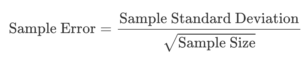 Sample Error equals Sample Standard Deviation devided by the Square Root of the Sample Size